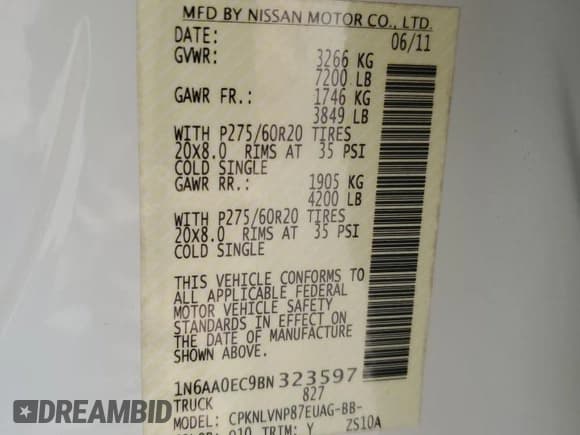 ✅ 2011 Nissan Titan SL • VIN: 1N6AA0EC9BN323597 • Lot: 68928145. Listed on Copart with 82,694 mi. Free auction sales archive from the USA and detailed vehicle history report at DreamBid. Image 12.