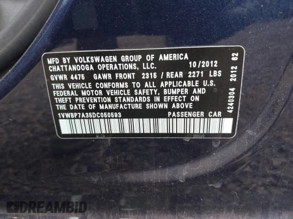 ✅ 2013 Volkswagen Passat SE • VIN: 1VWBP7A35DC050593 • Лот: 43331003. Опубликован ранее на IAAI с пробегом 98 091 миль. Бесплатный доступ к архиву аукционных продаж из США и подробный отчёт об истории автомобиля на DreamBid. Изображение 9.