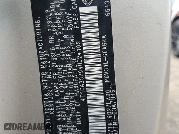 ✅ 2004 Toyota Solara SE • VIN: 4T1CA38P94U024109 • Lot: 65774415. Listed on Copart with 196,585 mi. Free auction sales archive from the USA and detailed vehicle history report at DreamBid. Image 12.