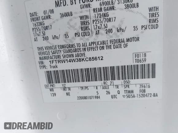 ✅ 2008 Ford F-150 XL • VIN: 1FTRW14W38KC85612 • Lot: 42348105. Listed on IAAI with 268,406 mi. Free auction sales archive from the USA and detailed vehicle history report at DreamBid. Image 9.