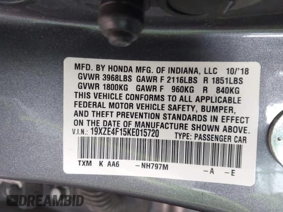 ✅ 2019 Honda Insight LX • VIN: 19XZE4F15KE015720 • Lot: 43712115. Listed on IAAI with 90,222 mi. Free auction sales archive from the USA and detailed vehicle history report at DreamBid. Image 9.
