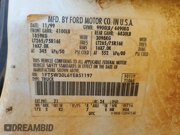 ✅ 2000 Ford F-350 XL • VIN: 1FTSW30L6YEB51197 • Лот: 49504835. Опубликован ранее на Copart с пробегом 284 070 миль. Бесплатный доступ к архиву аукционных продаж из США и подробный отчёт об истории автомобиля на DreamBid. Изображение 14.