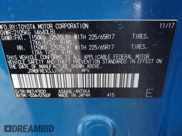 ✅ 2018 Toyota RAV4 LE • VIN: JTMBFREV3JJ195779 • Lot: 43750863. Listed on IAAI with 112,638 mi. Free auction sales archive from the USA and detailed vehicle history report at DreamBid. Image 9.