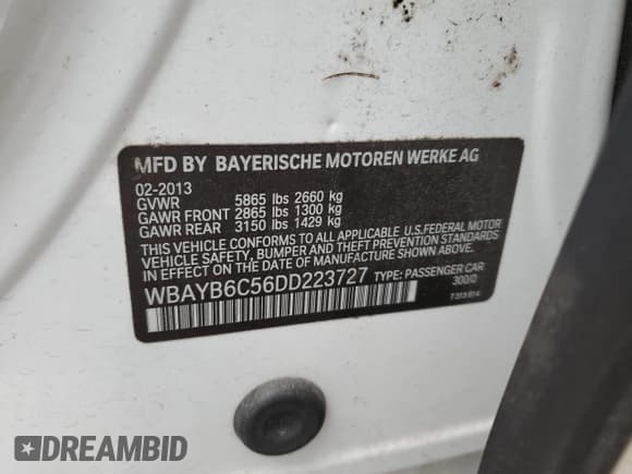 ✅ 2013 BMW 7 Series 750i xDrive • VIN: WBAYB6C56DD223727 • Lot: 45298235. Listed on Copart with 113,635 mi. Free auction sales archive from the USA and detailed vehicle history report at DreamBid. Image 12.