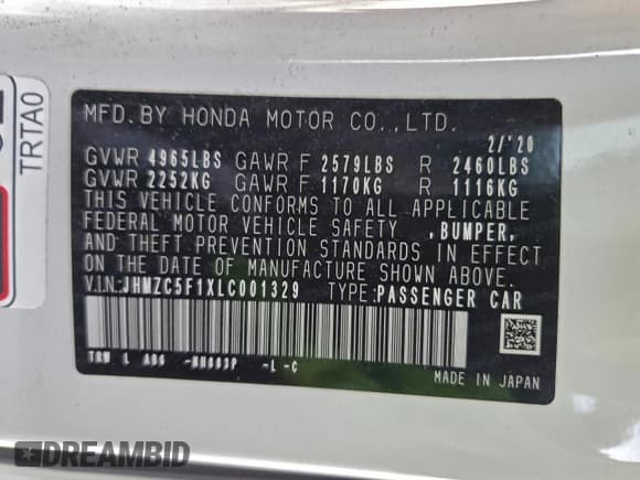 ✅ 2020 Honda Clarity • VIN: JHMZC5F1XLC001329 • Lot: 94188745. Wystawiony na Copart z przebiegiem 44 884 mil. Bezpłatny archiwum sprzedaży aukcyjnych z USA i szczegółowy raport historii pojazdu na DreamBid. Zdjęcie 12.