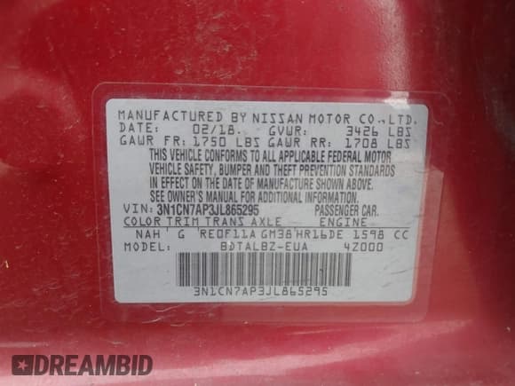 ✅ 2018 Nissan Versa SV • VIN: 3N1CN7AP3JL865295 • Lot: 42478641. Listed on IAAI with 126,293 mi. Free auction sales archive from the USA and detailed vehicle history report at DreamBid. Image 9.