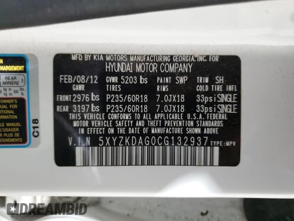 ✅ 2012 Hyundai Santa Fe Limited • VIN: 5XYZKDAG0CG132937 • Lot: 81301044. Listed on Copart with Not provided. Free auction sales archive from the USA and detailed vehicle history report at DreamBid. Image 13.