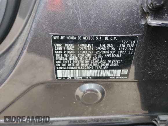 ✅ 2020 Honda HR-V Sport • VIN: 3CZRU6H14LG702649 • Lot: 91036925. Wystawiony na Copart z przebiegiem 84 628 mil. Bezpłatny archiwum sprzedaży aukcyjnych z USA i szczegółowy raport historii pojazdu na DreamBid. Zdjęcie 12.