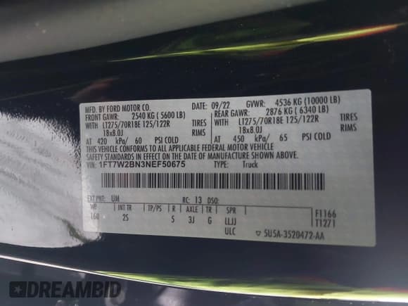 ✅ 2022 Ford F-250 XL • VIN: 1FT7W2BN3NEF50675 • Lot: 41975248. Listed on IAAI with 17,598 mi. Free auction sales archive from the USA and detailed vehicle history report at DreamBid. Image 9.