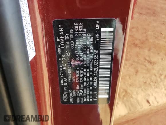 2020 Hyundai Tucson Value z VIN KM8J3CA42LU236558, wystawiony jako Copart lot #90342925 z przebiegiem 44 105 mil mil oraz Szkoda całkowita • Salvage title. Historia ofert i sprzedaży dostępna na DreamBid. Obrazek 13.