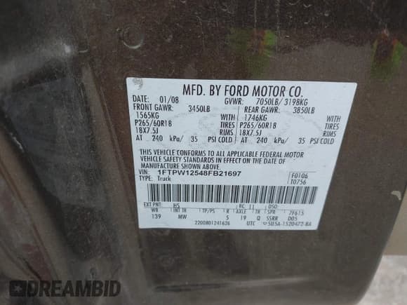 ✅ 2008 Ford F-150 XLT • VIN: 1FTPW12548FB21697 • Lot: 43155389. Listed on IAAI with 142,550 mi. Free auction sales archive from the USA and detailed vehicle history report at DreamBid. Image 9.