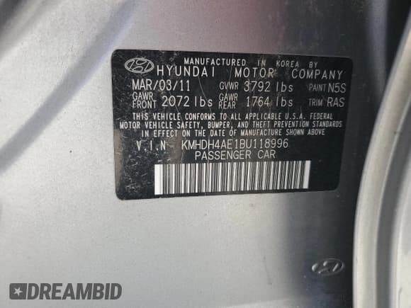 ✅ 2011 Hyundai Elantra Limited • VIN: KMHDH4AE1BU118996 • Lot: 67650955. Listed on Copart with 227,645 mi. Free auction sales archive from the USA and detailed vehicle history report at DreamBid. Image 12.