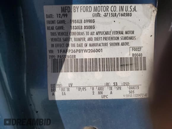 ✅ 2000 Ford Focus SE • VIN: 1FAFP36P8YW206001 • Лот: 82733745. Опубликован ранее на Copart с пробегом Не указан. Бесплатный доступ к архиву аукционных продаж из США и подробный отчёт об истории автомобиля на DreamBid. Изображение 13.