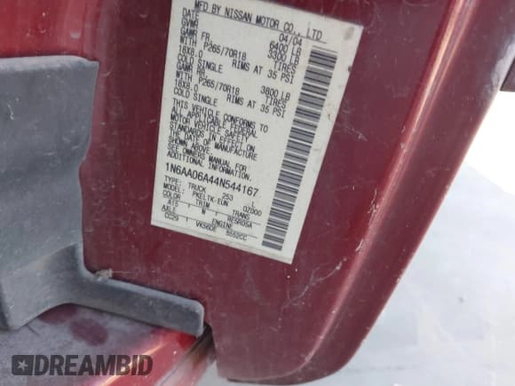 ✅ 2004 Nissan Titan XE • VIN: 1N6AA06A44N544167 • Lot: 43667008. Listed on IAAI with 209,919 mi. Free auction sales archive from the USA and detailed vehicle history report at DreamBid. Image 9.