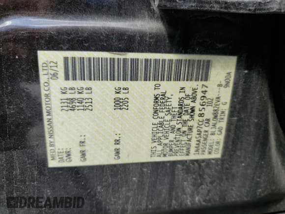 ✅ 2012 Nissan Maxima S • VIN: 1N4AA5AP7CC856947 • Lot: 70804655. Wystawiony na Copart z przebiegiem 177 543 mil. Bezpłatny archiwum sprzedaży aukcyjnych z USA i szczegółowy raport historii pojazdu na DreamBid. Zdjęcie 12.