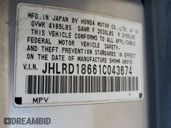 ✅ 2001 Honda CR-V EX • VIN: JHLRD18661C043674 • Лот: 71880955. Опубликован ранее на Copart с пробегом 190 531 миль. Бесплатный доступ к архиву аукционных продаж из США и подробный отчёт об истории автомобиля на DreamBid. Изображение 13.