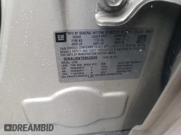 ✅ 2013 Chevrolet Captiva Sport LS • VIN: 3GNAL2EK7DS633599 • Lot: 63025044. Wystawiony na Copart z przebiegiem 119 496 mil. Bezpłatny archiwum sprzedaży aukcyjnych z USA i szczegółowy raport historii pojazdu na DreamBid. Zdjęcie 13.