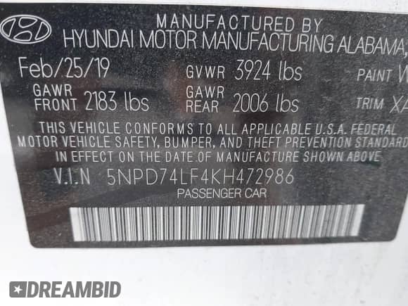 2019 Hyundai Elantra SE с VIN 5NPD74LF4KH472986, выставлен на аукционе IAAI как лот 43225595 с пробегом 151 755 миль миль и . История ставок и продаж доступна на DreamBid. Изображение 9.