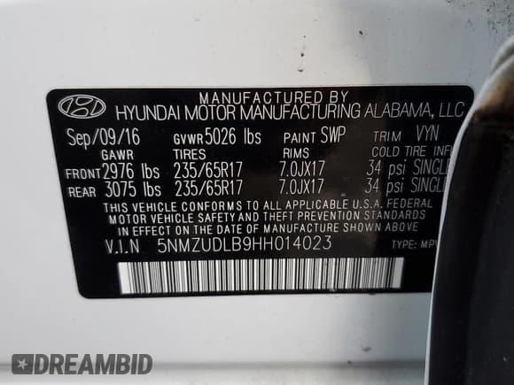 ✅ 2017 Hyundai Santa Fe 2.4L • VIN: 5NMZUDLB9HH014023 • Лот: 43801564. Опубликован ранее на Copart с пробегом 85 633 миль. Бесплатный доступ к архиву аукционных продаж из США и подробный отчёт об истории автомобиля на DreamBid. Изображение 12.