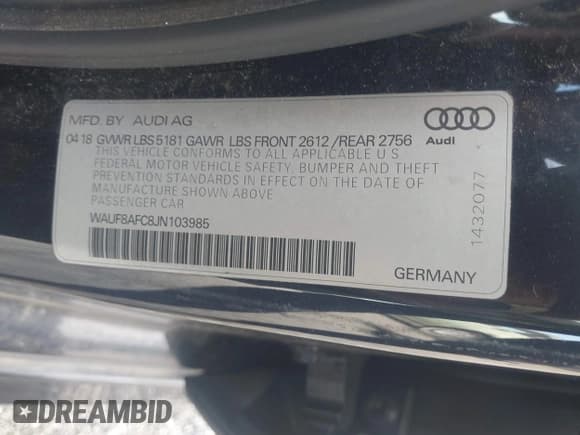 ✅ 2018 Audi A6 Premium • VIN: WAUF8AFC8JN103985 • Lot: 43502932. Listed on IAAI with 57,222 mi. Free auction sales archive from the USA and detailed vehicle history report at DreamBid. Image 9.