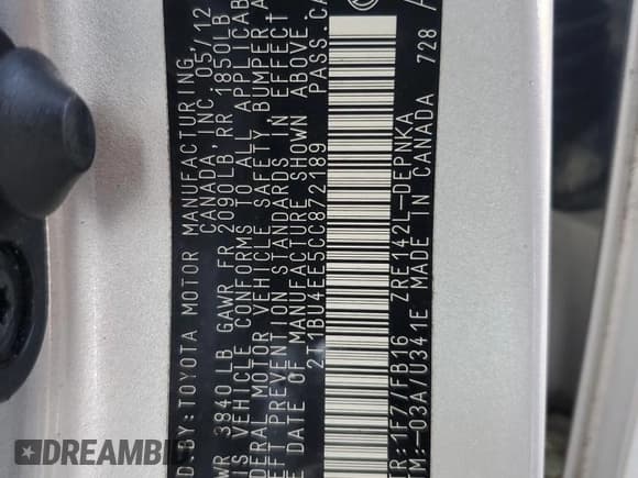 ✅ 2012 Toyota Corolla LE • VIN: 2T1BU4EE5CC872189 • Lot: 67588775. Listed on Copart with 43,222 mi. Free auction sales archive from the USA and detailed vehicle history report at DreamBid. Image 12.