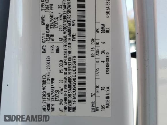 ✅ 2014 Ford Escape SE • VIN: 1FMCU9G98EUE05979 • Лот: 82767515. Опубликован ранее на Copart с пробегом 140 621 миль. Бесплатный доступ к архиву аукционных продаж из США и подробный отчёт об истории автомобиля на DreamBid. Изображение 13.