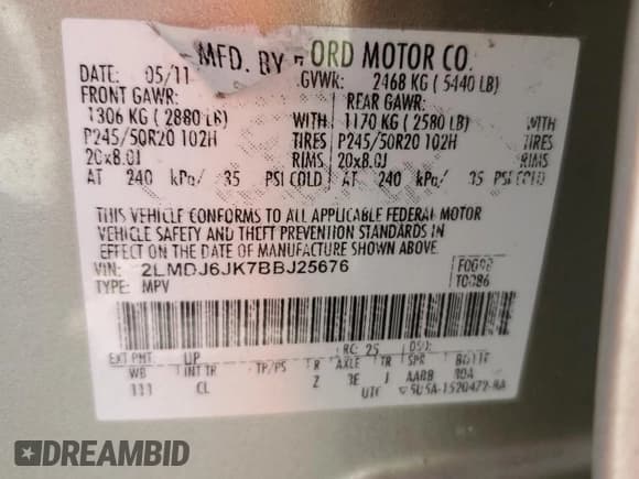 ✅ 2011 Lincoln MKX • VIN: 2LMDJ6JK7BBJ25676 • Lot: 92263005. Listed on Copart with 124,285 mi. Free auction sales archive from the USA and detailed vehicle history report at DreamBid. Image 14.