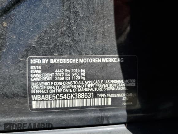 ✅ 2016 BMW 3 Series 328d • VIN: WBA8E5C54GK388631 • Lot: 58762664. Listed on Copart with Not provided. Free auction sales archive from the USA and detailed vehicle history report at DreamBid. Image 12.