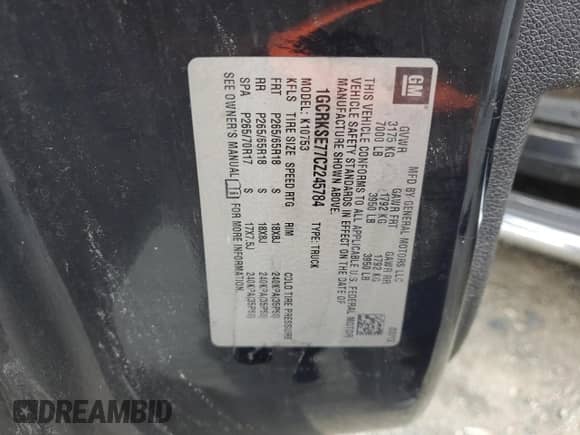 2012 Chevrolet Silverado 1500 LT with VIN 1GCRKSE77CZ245784, listed as a Copart auction lot 81001785 with Not provided miles and Salvage title. Bid and sale history available at DreamBid. Image 12.