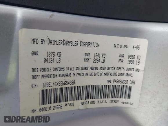 ✅ 2005 Dodge Stratus SXT • VIN: 1B3EL46X55N654688 • Lot: 43560694. Wystawiony na IAAI z przebiegiem 174 986 mil. Bezpłatny archiwum sprzedaży aukcyjnych z USA i szczegółowy raport historii pojazdu na DreamBid. Zdjęcie 9.