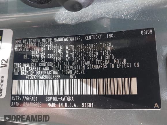 ✅ 2009 Toyota Venza • VIN: 4T3ZK11A69U007994 • Lot: 42820987. Listed on IAAI with 219,406 mi. Free auction sales archive from the USA and detailed vehicle history report at DreamBid. Image 9.