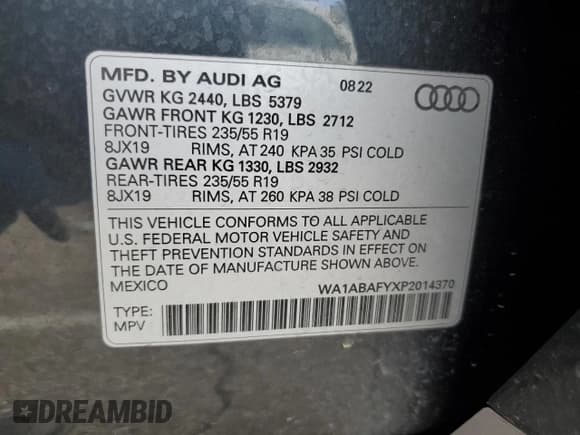 ✅ 2023 Audi Q5 Premium • VIN: WA1ABAFYXP2014370 • Lot: 66169905. Wystawiony na Copart z przebiegiem 34 594 mil. Bezpłatny archiwum sprzedaży aukcyjnych z USA i szczegółowy raport historii pojazdu na DreamBid. Zdjęcie 13.