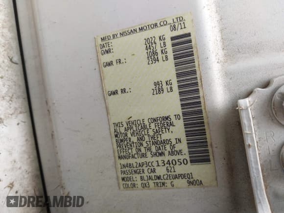 ✅ 2012 Nissan Altima SR • VIN: 1N4BL2AP3CC134050 • Lot: 42892410. Listed on IAAI with 149,092 mi. Free auction sales archive from the USA and detailed vehicle history report at DreamBid. Image 9.