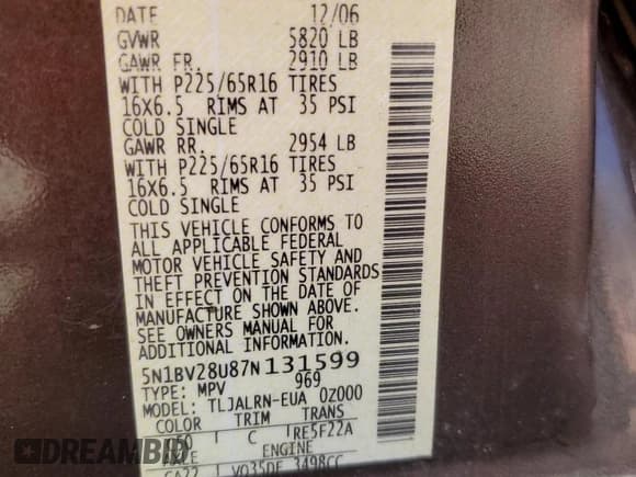 ✅ 2007 Nissan Quest • VIN: 5N1BV28U87N131599 • Lot: 80374855. Wystawiony na Copart z przebiegiem 129 819 mil. Bezpłatny archiwum sprzedaży aukcyjnych z USA i szczegółowy raport historii pojazdu na DreamBid. Zdjęcie 13.