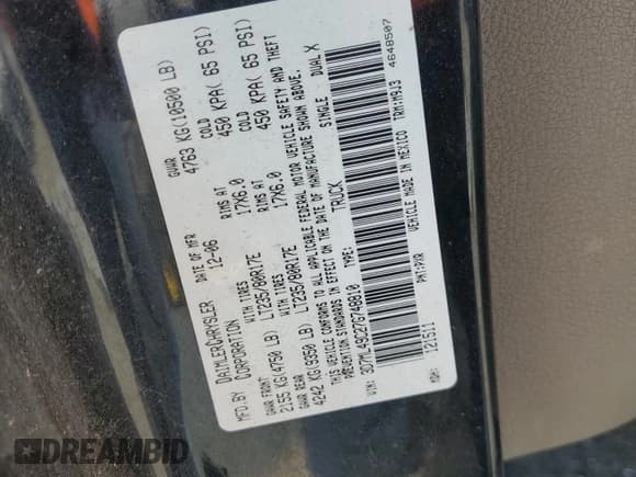 ✅ 2007 Dodge 3500 SLT • VIN: 3D7ML49C27G748810 • Lot: 56492945. Listed on Copart with 256,317 mi. Free auction sales archive from the USA and detailed vehicle history report at DreamBid. Image 13.