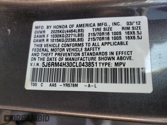 ✅ 2012 Honda CR-V LX • VIN: 5J6RM4H30CL043851 • Lot: 59894485. Listed on Copart with 137,742 mi. Free auction sales archive from the USA and detailed vehicle history report at DreamBid. Image 12.