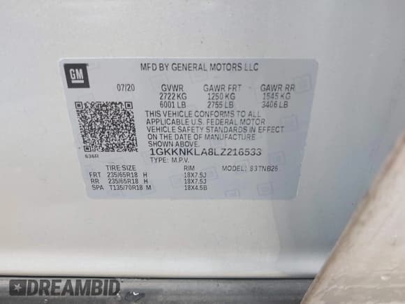 ✅ 2020 GMC Acadia SLE • VIN: 1GKKNKLA8LZ216533 • Lot: 42676773. Listed on IAAI with 68,343 mi. Free auction sales archive from the USA and detailed vehicle history report at DreamBid. Image 9.