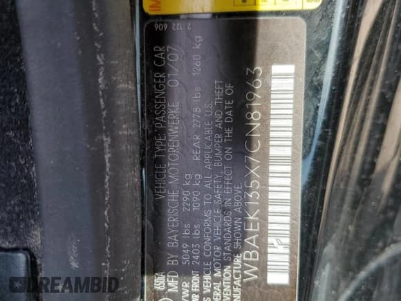 ✅ 2007 BMW 6 Series 650i • VIN: WBAEK135X7CN81963 • Lot: 73875324. Listed on Copart with Not provided. Free auction sales archive from the USA and detailed vehicle history report at DreamBid. Image 13.