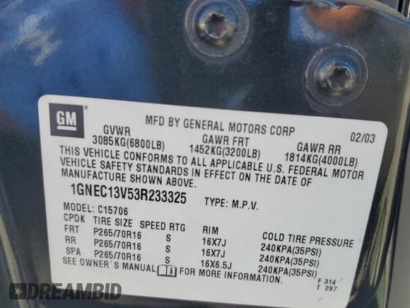 ✅ 2003 Chevrolet Tahoe LS • VIN: 1GNEC13V53R233325 • Lot: 82772675. Listed on Copart with 181,599 mi. Free auction sales archive from the USA and detailed vehicle history report at DreamBid. Image 13.