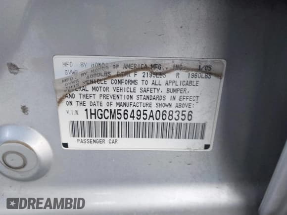 ✅ 2005 Honda Accord LX • VIN: 1HGCM56495A068356 • Lot: 43752200. Wystawiony na IAAI z przebiegiem 252 102 mil. Bezpłatny archiwum sprzedaży aukcyjnych z USA i szczegółowy raport historii pojazdu na DreamBid. Zdjęcie 9.