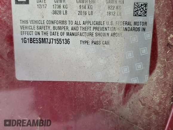 ✅ 2018 Chevrolet Cruze LT • VIN: 1G1BE5SM7J7155136 • Lot: 92058695. Listed on Copart with 131,714 mi. Free auction sales archive from the USA and detailed vehicle history report at DreamBid. Image 12.