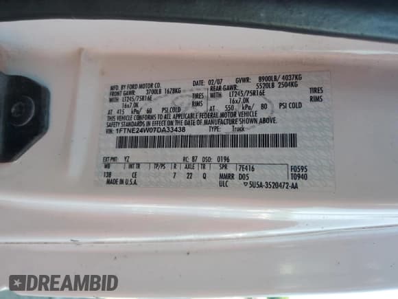 ✅ 2007 Ford Econoline Cargo Commercial • VIN: 1FTNE24W07DA33438 • Lot: 63575475. Listed on Copart with 176,740 mi. Free auction sales archive from the USA and detailed vehicle history report at DreamBid. Image 13.