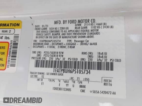 2023 Ford Mustang EcoBoost with VIN 1FATP8UH6P5105734, listed as a IAAI auction lot 43493168 with 67,596 mi miles and . Bid and sale history available at DreamBid. Image 9.