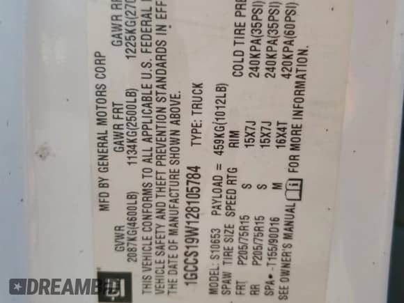 2002 Chevrolet S-10 LS с VIN 1GCCS19W128105784, выставлен на аукционе Copart как лот 73463244 с пробегом Не указан миль и Чистый • Clean title. История ставок и продаж доступна на DreamBid. Изображение 12.