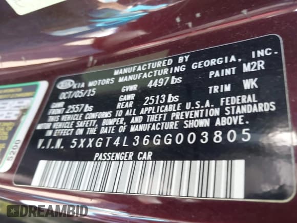 ✅ 2016 Kia Optima LX • VIN: 5XXGT4L36GG003805 • Лот: 43611867. Опубликован ранее на IAAI с пробегом 175 820 миль. Бесплатный доступ к архиву аукционных продаж из США и подробный отчёт об истории автомобиля на DreamBid. Изображение 9.