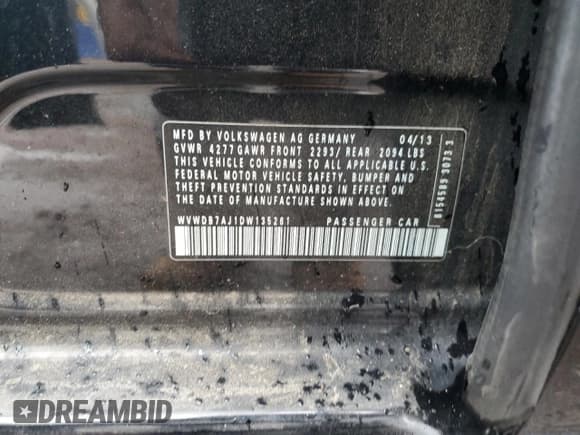 ✅ 2013 Volkswagen Golf w/Conv & Sunroof • VIN: WVWDB7AJ1DW135261 • Lot: 55754585. Listed on Copart with 67,031 mi. Free auction sales archive from the USA and detailed vehicle history report at DreamBid. Image 12.