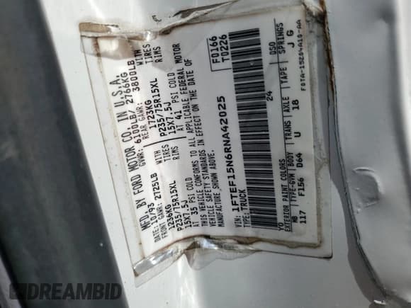 ✅ 1994 Ford F-150 • VIN: 1FTEF15N6RNA42025 • Lot: 66912554. Wystawiony na Copart z przebiegiem Nie podano. Bezpłatny archiwum sprzedaży aukcyjnych z USA i szczegółowy raport historii pojazdu na DreamBid. Zdjęcie 12.