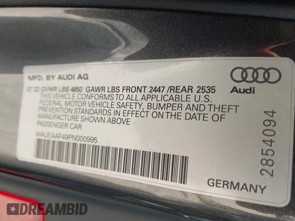 ✅ 2023 Audi A4 S line Premium Plus • VIN: WAUEAAF49PN000995 • Lot: 42902789. Wystawiony na IAAI z przebiegiem 39 929 mil. Bezpłatny archiwum sprzedaży aukcyjnych z USA i szczegółowy raport historii pojazdu na DreamBid. Zdjęcie 9.
