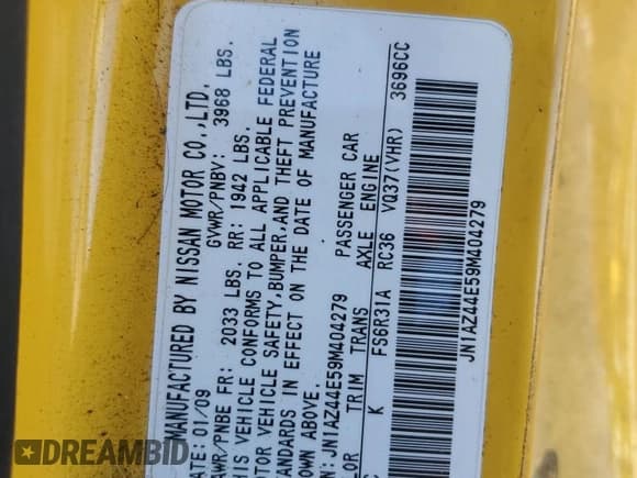 ✅ 2009 Nissan 370Z Touring • VIN: JN1AZ44E59M404279 • Лот: 91036065. Опубликован ранее на Copart с пробегом 120 360 миль. Бесплатный доступ к архиву аукционных продаж из США и подробный отчёт об истории автомобиля на DreamBid. Изображение 13.