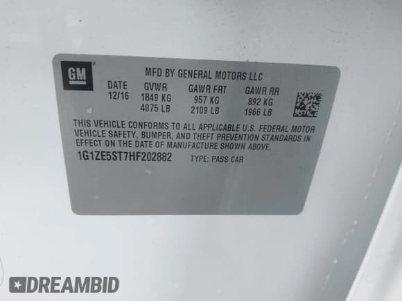 ✅ 2017 Chevrolet Malibu LT • VIN: 1G1ZE5ST7HF202882 • Lot: 43355177. Listed on IAAI with 172,932 mi. Free auction sales archive from the USA and detailed vehicle history report at DreamBid. Image 9.